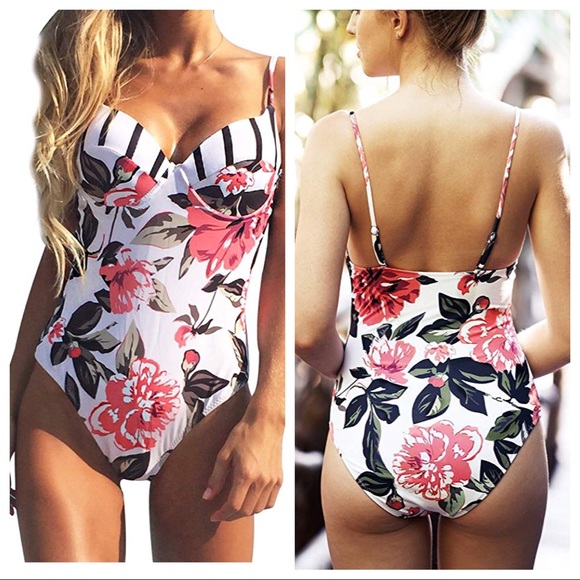 Cupshe One-Piece Swimsuit White Floral Striped - Picture 1 of 4